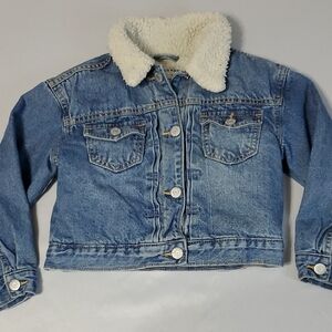 Old Navy Medium Wash Blue Denim Faux Sherpa Lined Jacket EUC Unisex kid Size 6-7